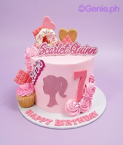 Barbie pink 1 Tier - pink, gold, rose theme with Scarlet Quinn name topper and Barbie logo cutout