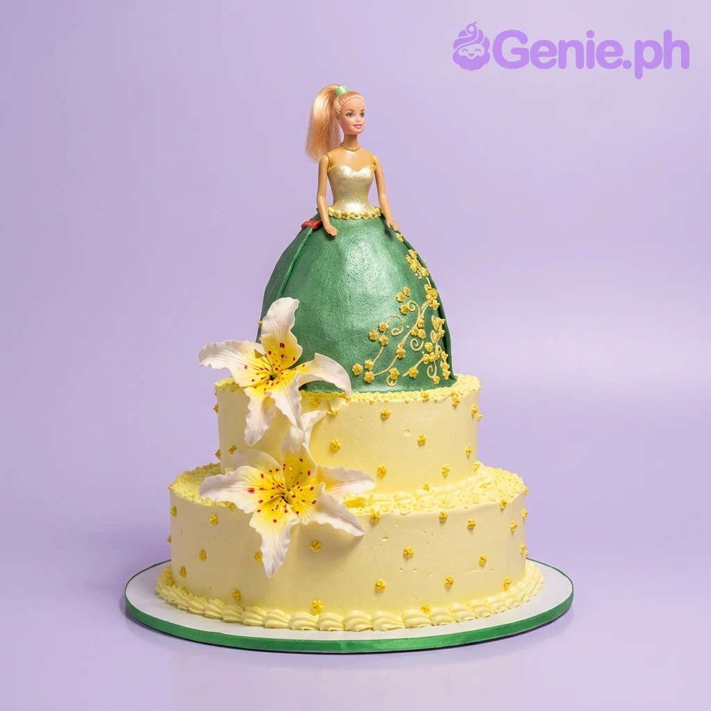 Three-tier Barbie doll cake with a green metallic ballgown skirt and yellow floral accents on light yellow icing.