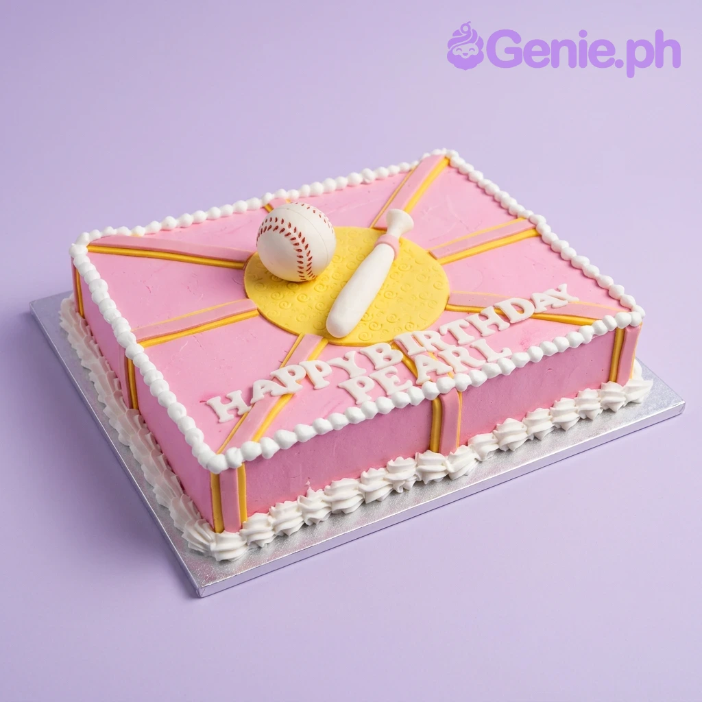 Baseball Birthday Rectangle Cake A pink and yellow Rectangle cake themed around Baseball, featuring a 3D baseball and bat, with white icing borders.