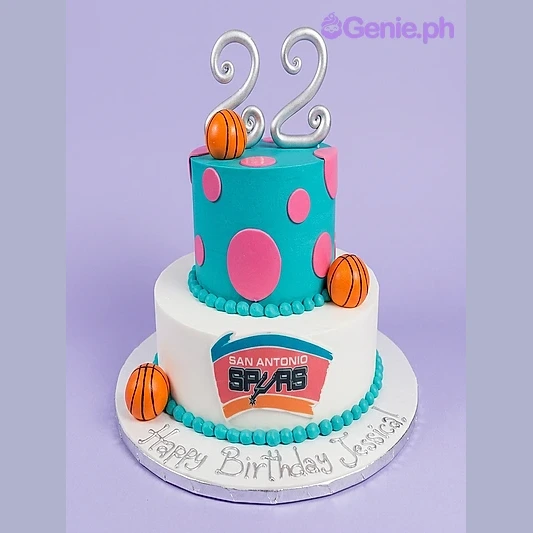 Basketball Birthday 2-Tier Cake 2-tier basketball themed birthday cake with teal and white fondant, pink polka dots, and a silver number 22 topper
