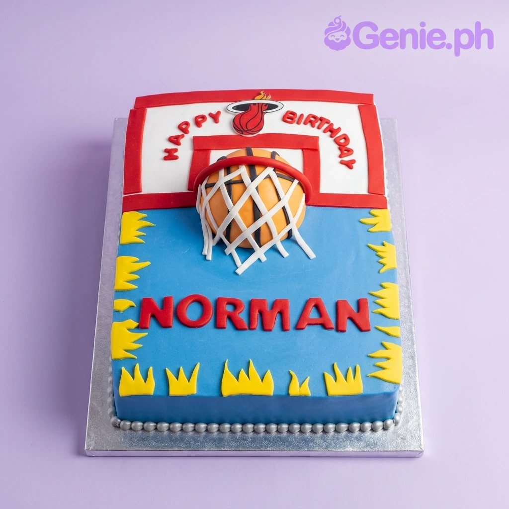 Miami Heat basketball themed rectangle cake with a 3D basketball hoop and ball, yellow flames, and red lettering.