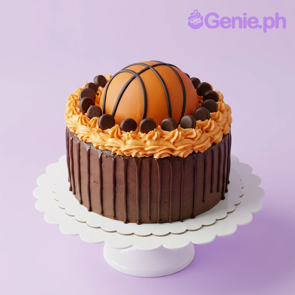 A brown and orange 1 tier cake featuring a half-sphere basketball and buttercream rosettes.