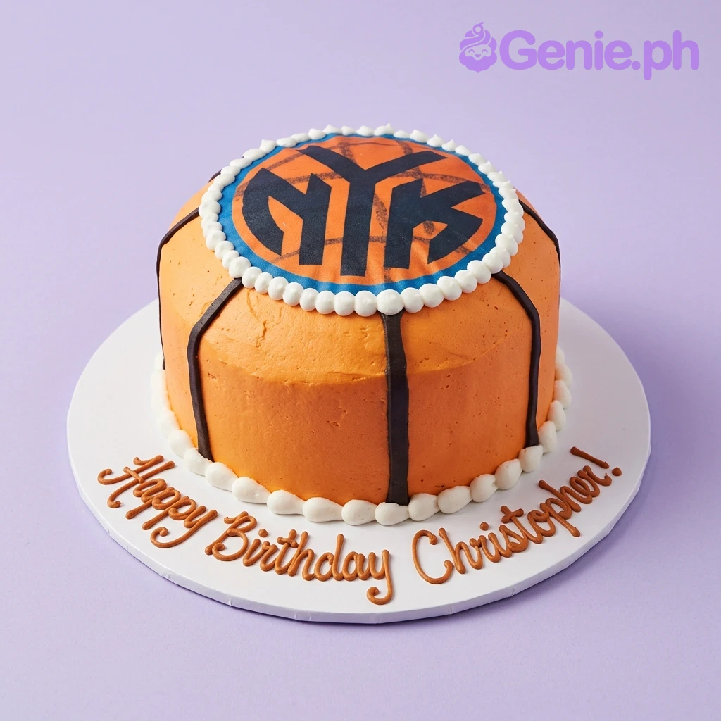 Basketball Knicks Orange Cake Orange single tier basketball cake with a New York Knicks logo printout and orange piped message on the base board