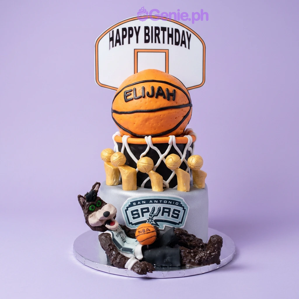 Basketball Silver Birthday Cake Silver 1-tier basketball themed cake with fondant wolf character and basketball hoop topper