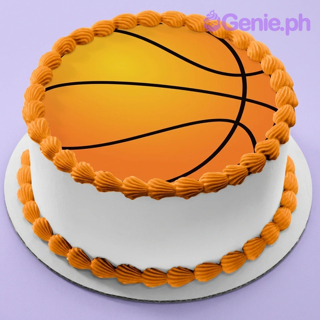 Basketball White Cake A white and orange 1 Tier Round cake themed around Basketball, featuring a large basketball graphic printout and orange icing shell borders.