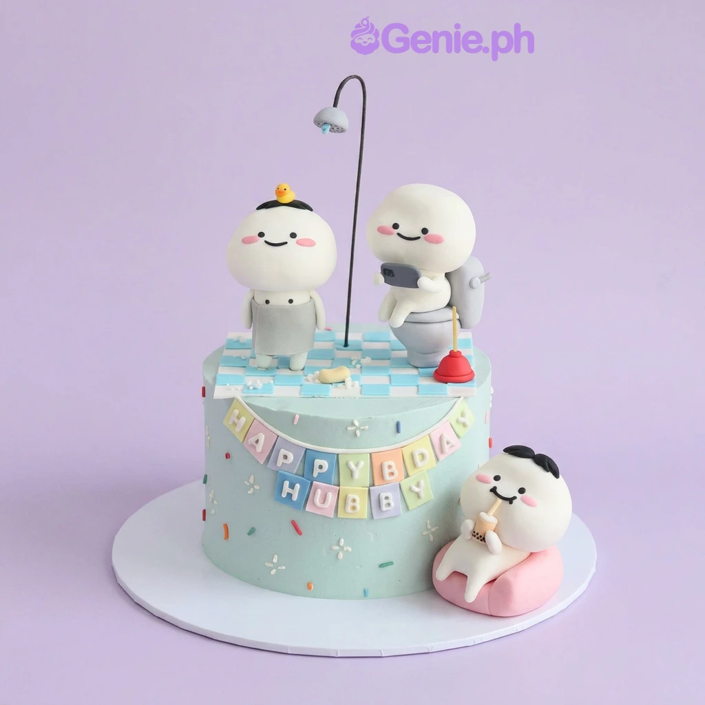Bathroom Theme Sky Blue Birthday Cake Light blue 1-tier cake with soft icing, three cute character figurines, a shower head, and a Happy Birthday Hubby banner