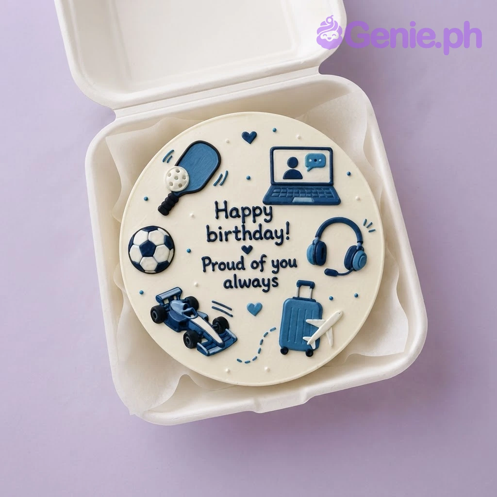 Hobby Minimalist Ivory Bento Birthday Cake Ivory bento cake with blue hobby icons including a laptop, sports ball, and pickleball paddle