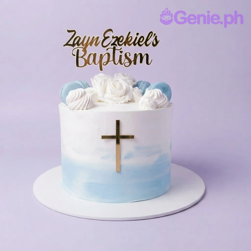 Baptism White Floral Cake White and light blue 1-tier baptism cake with a gold acrylic topper, white sugar roses, macarons, and a gold cross