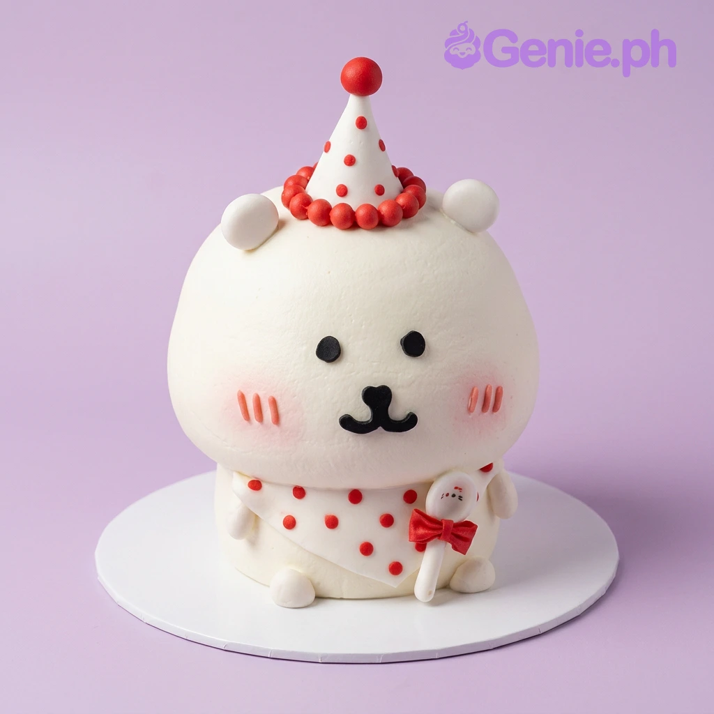 Bear White Birthday Cake White bear-shaped cake with a party hat, scarf, and lollipop topper