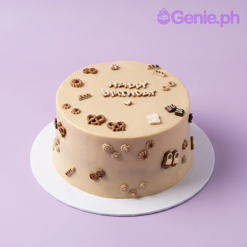 Beige Minimalist Ivory Birthday Cake Beige minimalist 1 tier cake with brown and white icing doodles of pretzels, cookies, and toast with Happy Birthday message.