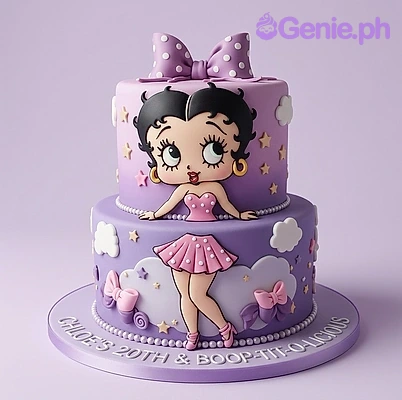 Betty Boop Purple 2-Tier Birthday Cake A purple 2-tier fondant cake themed around Betty Boop, featuring a Betty Boop figure, a large purple polka dot bow, white clouds, and yellow stars.