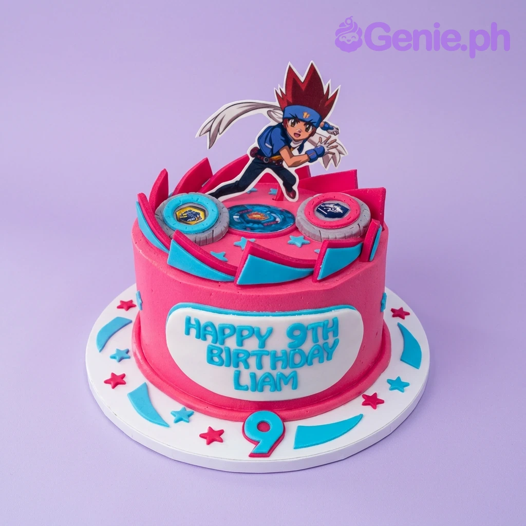 Beyblade-Inspired Coral Birthday Cake Hot pink Beyblade themed birthday cake for Liam with character printouts and blue star decorations.