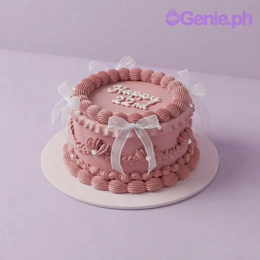 Pink Minimalist Pearl Birthday Cake Pink 1-tier cake with soft icing, white piped script, sheer ribbon bows, and pearl accents
