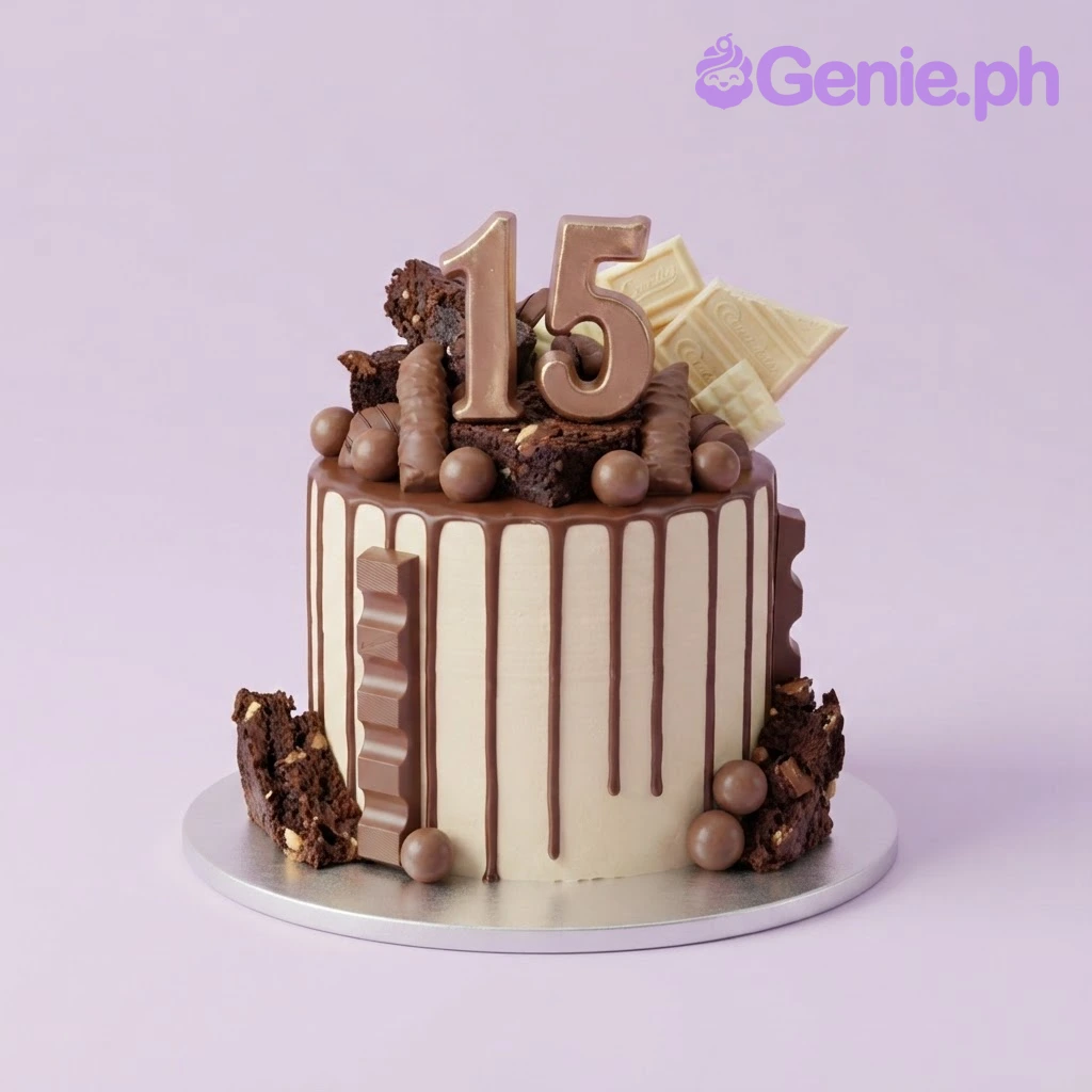 Chocolate Drip Ivory Birthday Cake Ivory 1-tier cake with chocolate drip, brownie chunks, chocolate bars, and a number 15 topper