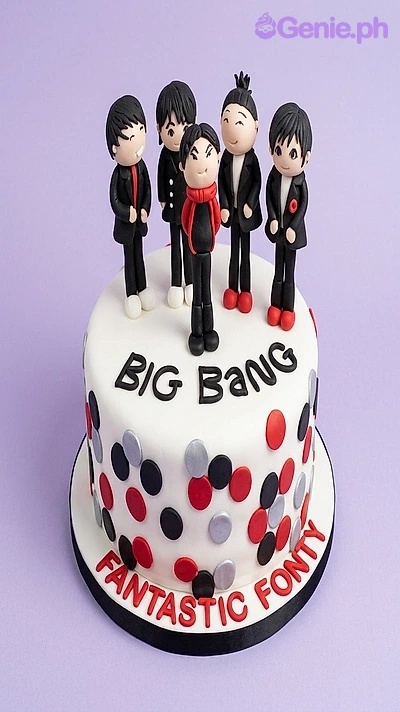 Big Bang Kpop-Inspired White Birthday Cake A white 1 Tier Fondant cake themed Big Bang Kpop, with five K-pop figurines and red, black, gray confetti.