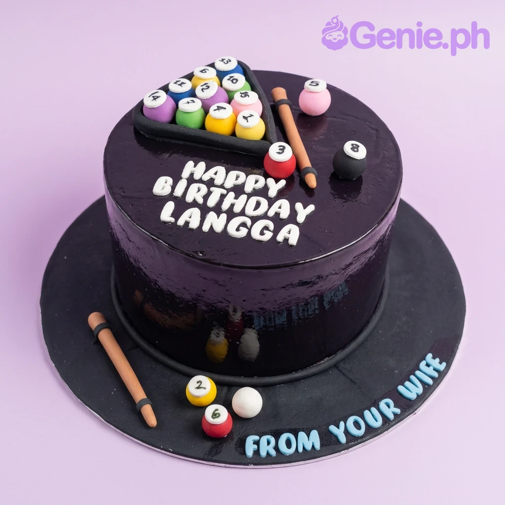 Billiard Black Birthday Cake A black 1 Tier Fondant cake themed around Billiards, featuring pool balls in a rack and cue sticks, with loose billiard balls.