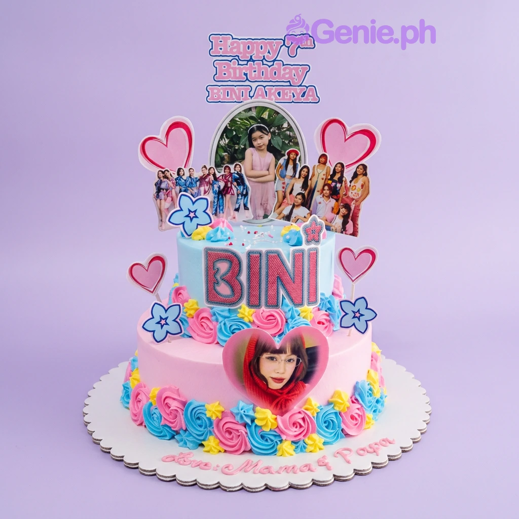 Bini-Inspired Birthday 2-Tier Cake 2-tier pink and light blue fondant birthday cake with BINI group photo printouts and Happy Birthday topper
