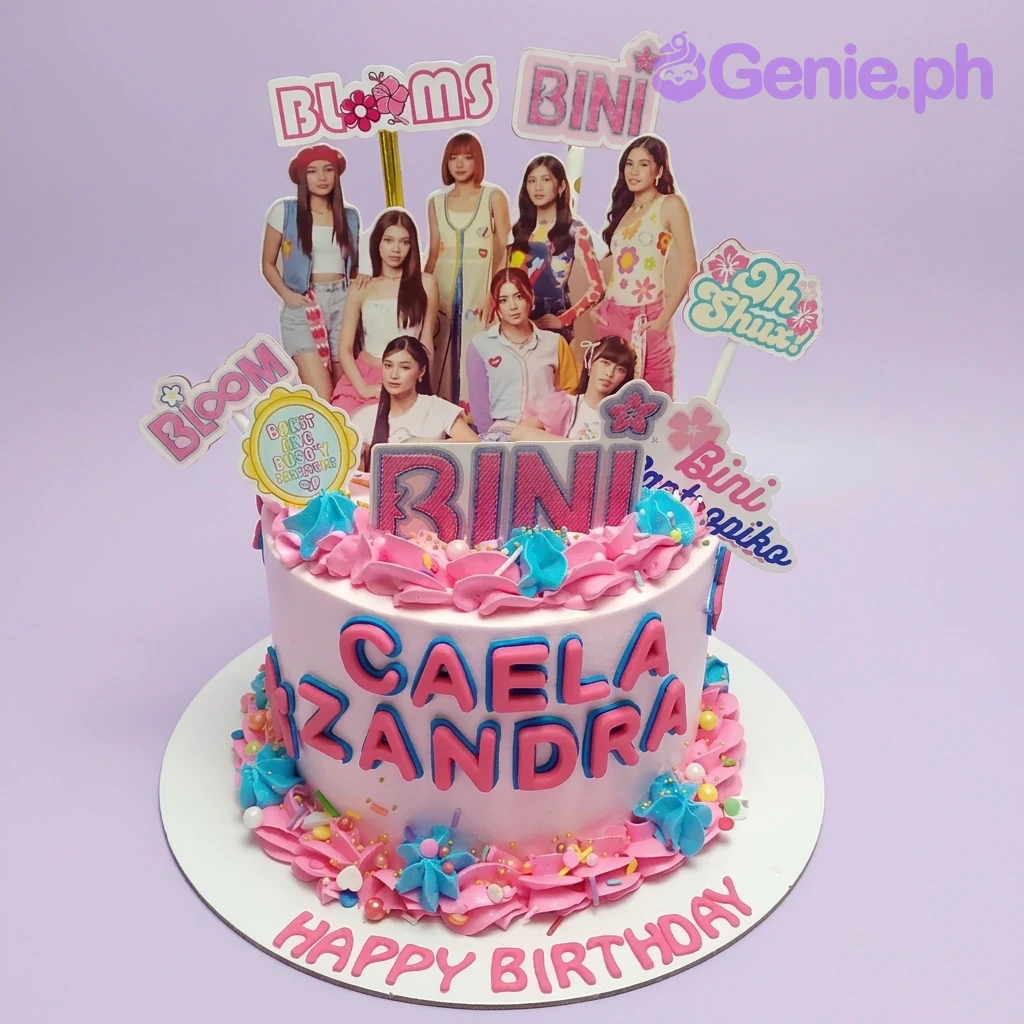 BINI Kpop-Inspired Pink Birthday Cake A pink 1-tier cake themed around BINI Kpop, featuring BINI group and logo printouts, with icing swirls and colorful sprinkles.