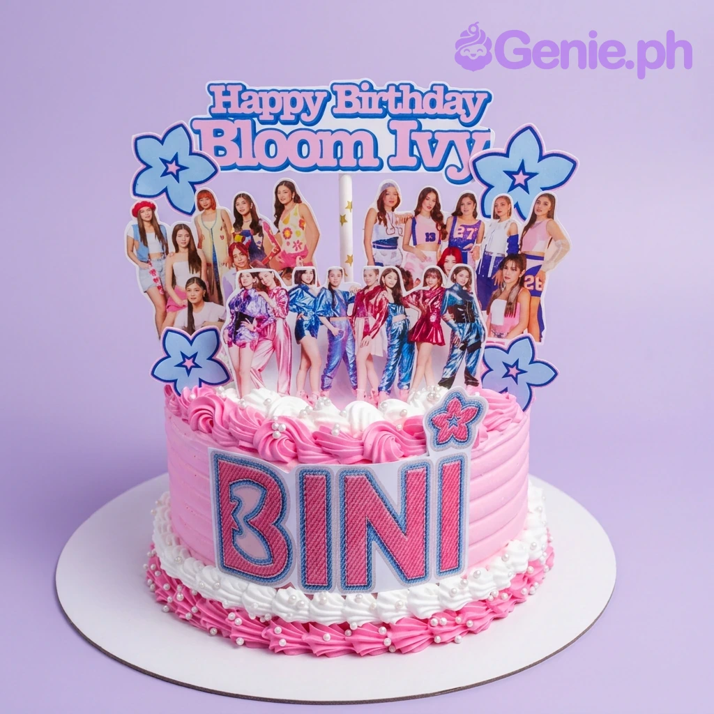 BINI Kpop-Inspired Pink Birthday Cake A pink and white 1-tier cake themed around BINI Kpop, featuring a BINI group printout, BINI logo, and pink and white icing rosettes.