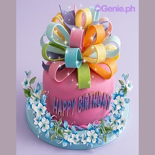 Birthday Pink Bow Cake Pink 1-tier birthday cake with a large multi-colored fondant bow and blue flower accents