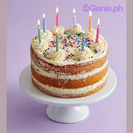 Birthday Candle White Cake A semi-naked 1-tier birthday cake with white icing swirls, rainbow sprinkles, and eight colorful spiral candles on top.