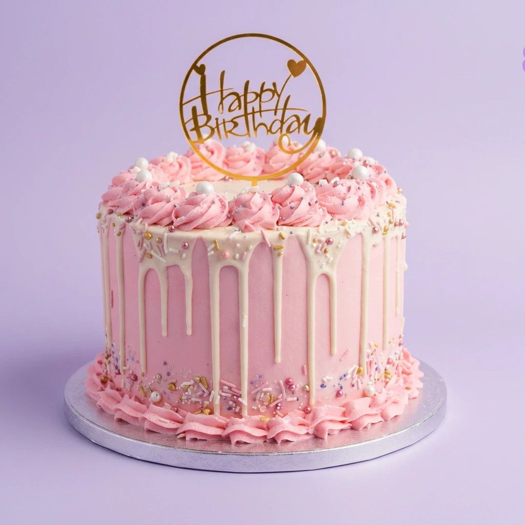 Birthday Drip Cake Pink 1-tier birthday cake with white drip, pink rosettes, and gold Happy Birthday topper