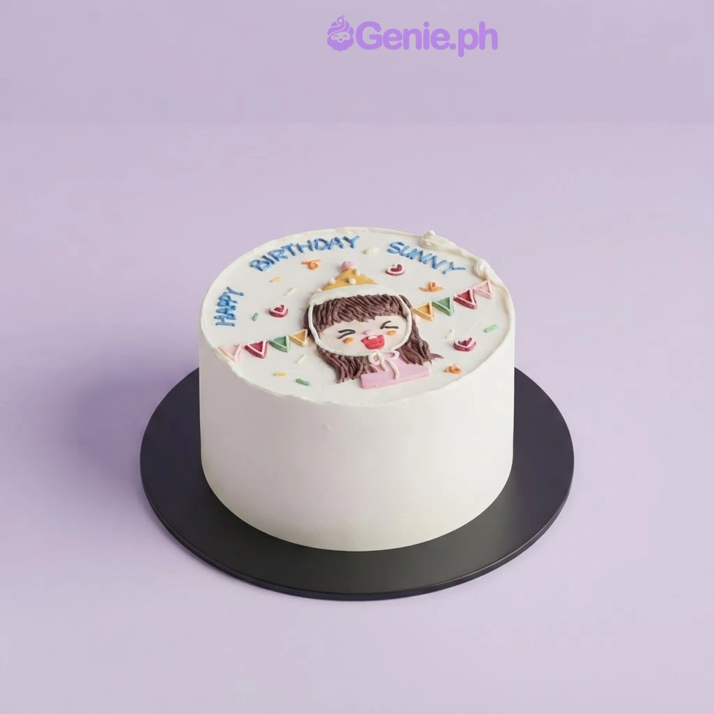 Birthday Girl White Cake White 1-tier cake with soft icing, a hand-piped girl character doodle, party bunting, and blue birthday message