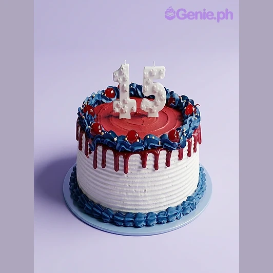 Birthday Number Drip Cake Round cake with white icing, red drip, blue border, and number 15 candles on top