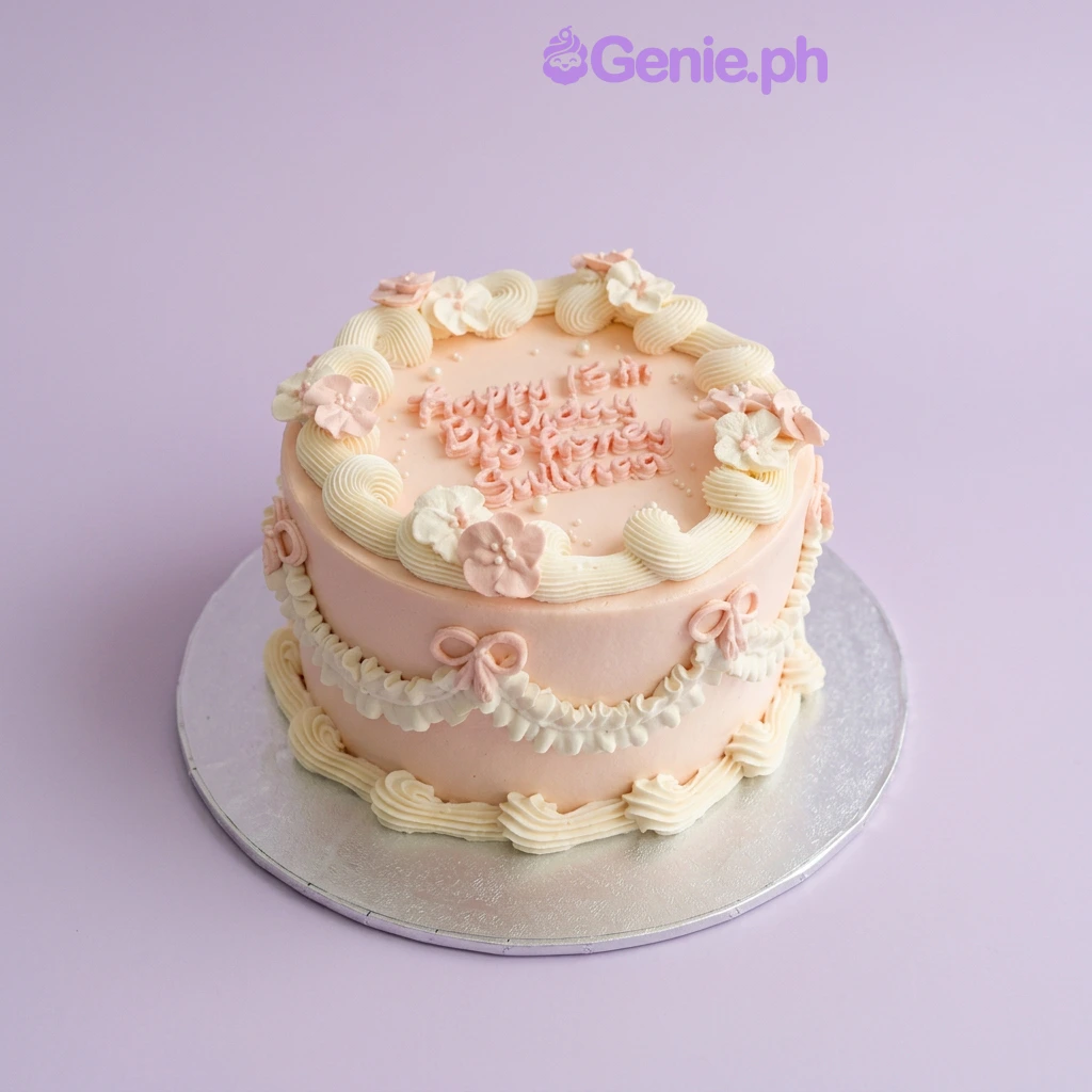 Birthday Pink Floral Cake Light pink 1-tier birthday cake with piped icing flowers and Happy 13th Birthday message