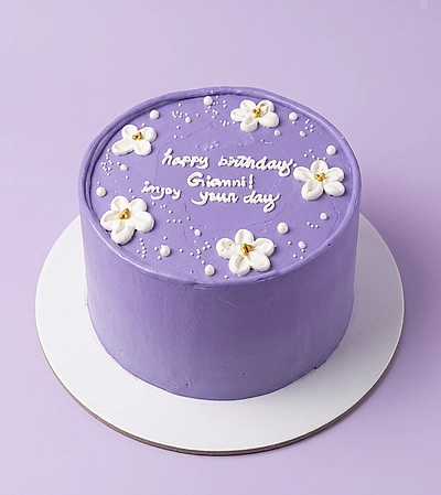 birthday purple 1 Tier - yellow, white, red theme with group of 7 white flowers with yellow centers