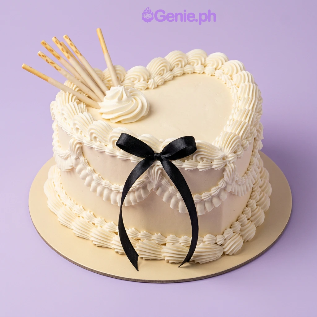 Black Ribbon White Cake One tier cake with white soft icing, a white printout topper, a black satin ribbon bow, and a piped icing border