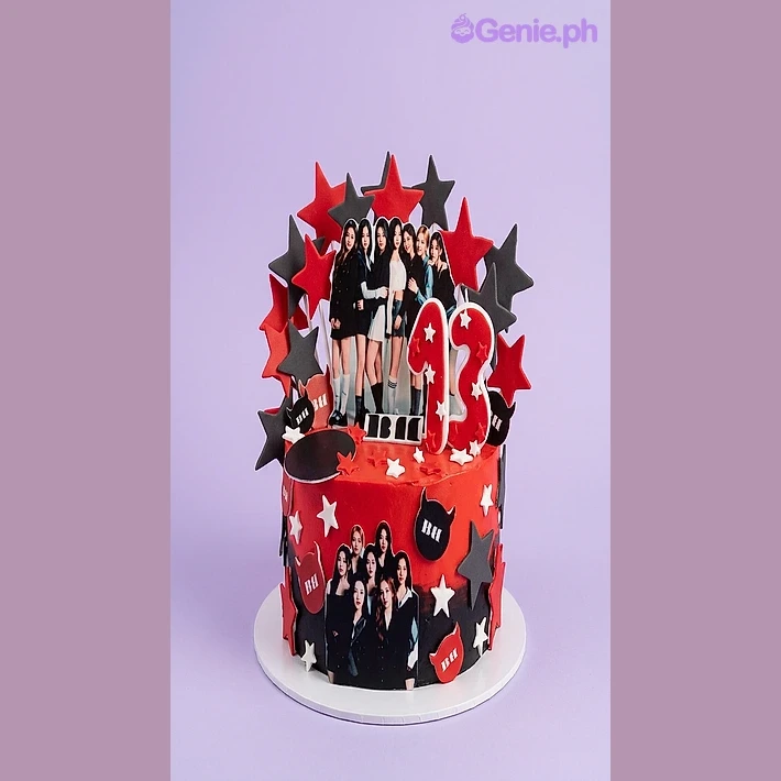 Blackpink-Inspired Birthday Cake Red 1-tier birthday cake with Blackpink group photo printouts and a number 13 candle