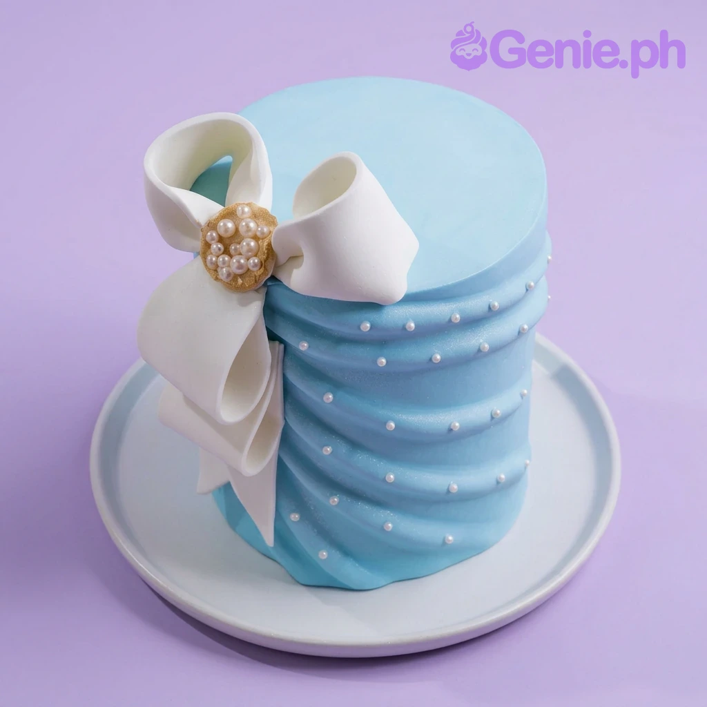 Blue Bow Sky Blue Birthday Cake A light blue and white 1 Tier cake themed with an elegant bow, featuring a white fondant bow and pearl accents.