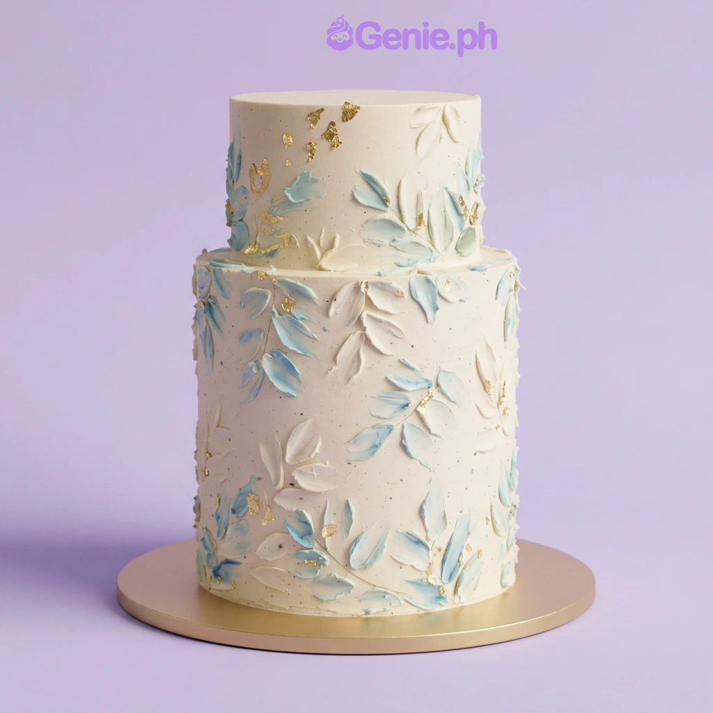 Blue Floral Peach 2-Tier Cake Champagne 2-tier cake with light blue palette knife floral design and gold leaf accents