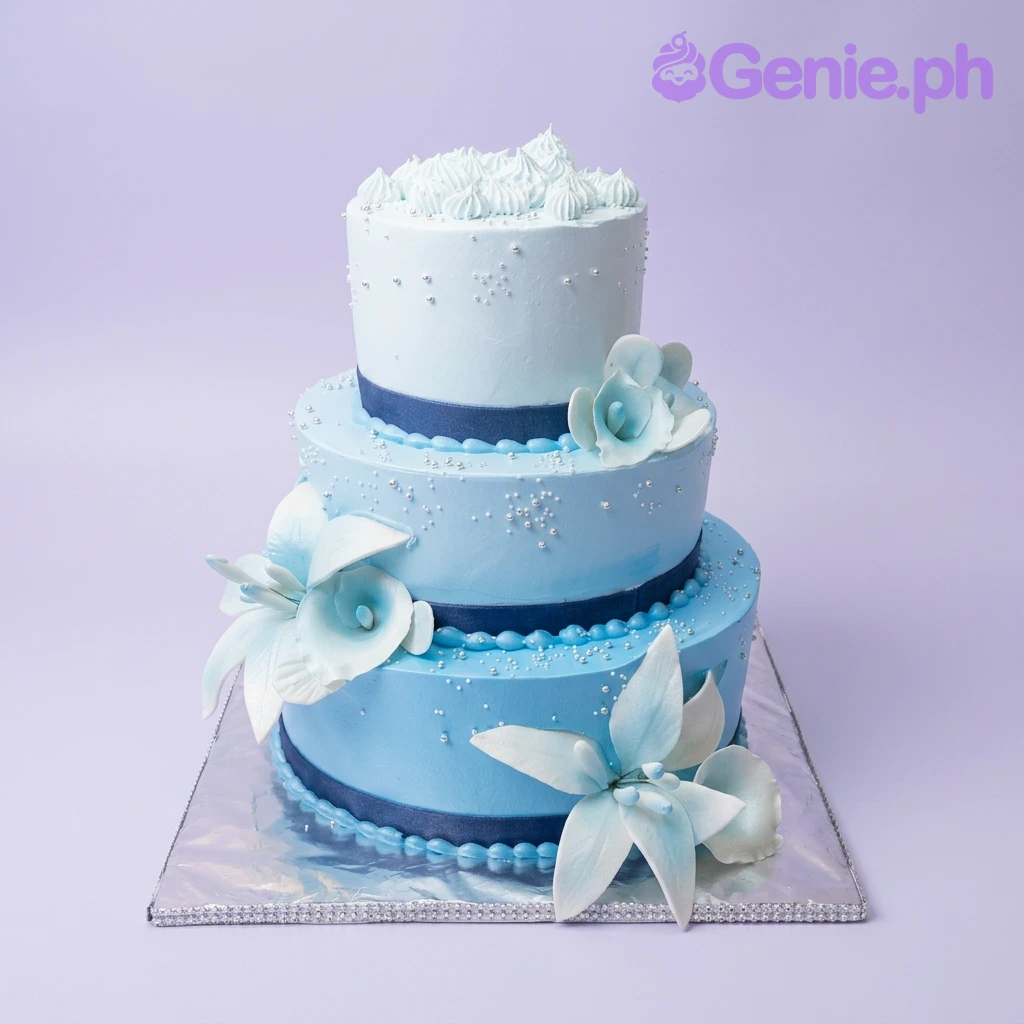 Blue Lily Wedding White 3-Tier Cake A light blue ombre three-tier cake for a Blue Lily Wedding, featuring white and blue lilies, silver dragees, and navy ribbon bands.