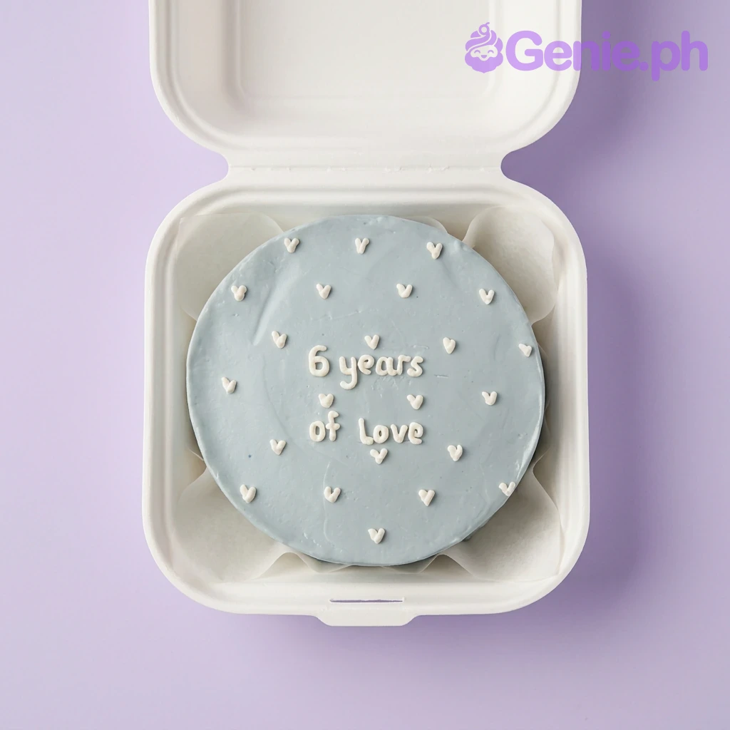 Blue Minimalist Sky Blue Bento Anniversary Cake A light blue and white bento cake themed around Blue Minimalist, featuring white piped icing hearts and '6 years of Love' text.
