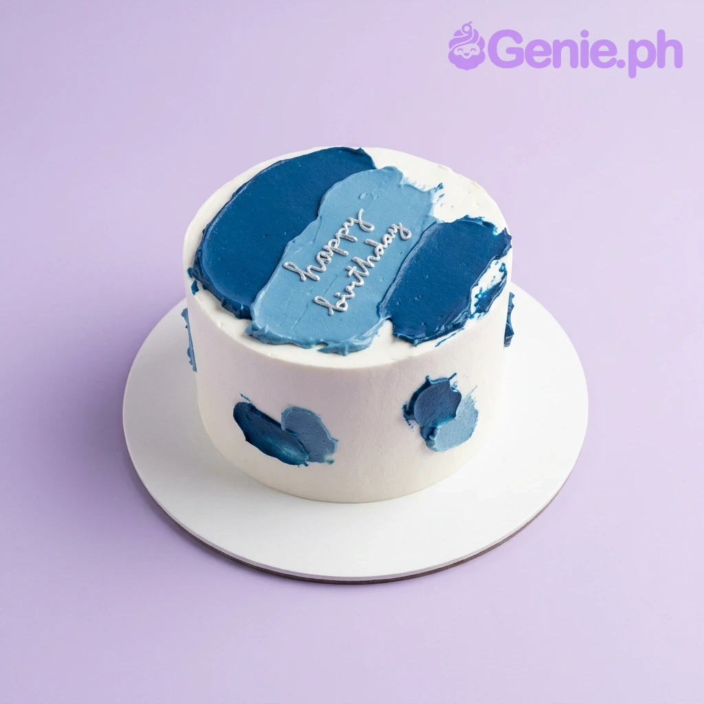 Blue Minimalist White Birthday Cake A white and navy blue 1-tier cake themed around Blue Minimalist, featuring navy palette knife icing and a white 'happy birthday' message.