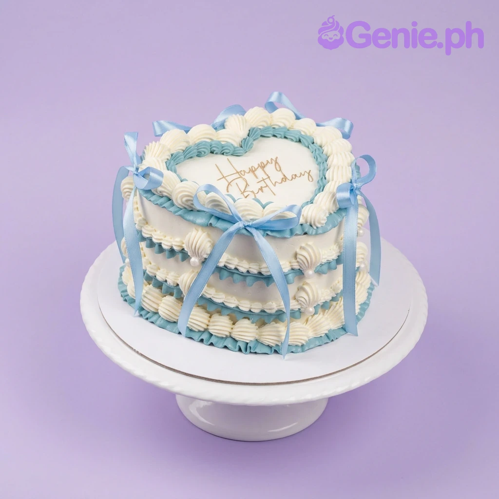 A white and light blue heart-shaped 1-tier cake themed 'Vintage Heart,' featuring ruffled icing borders, blue satin ribbons, and a 'Happy Birthday' message.