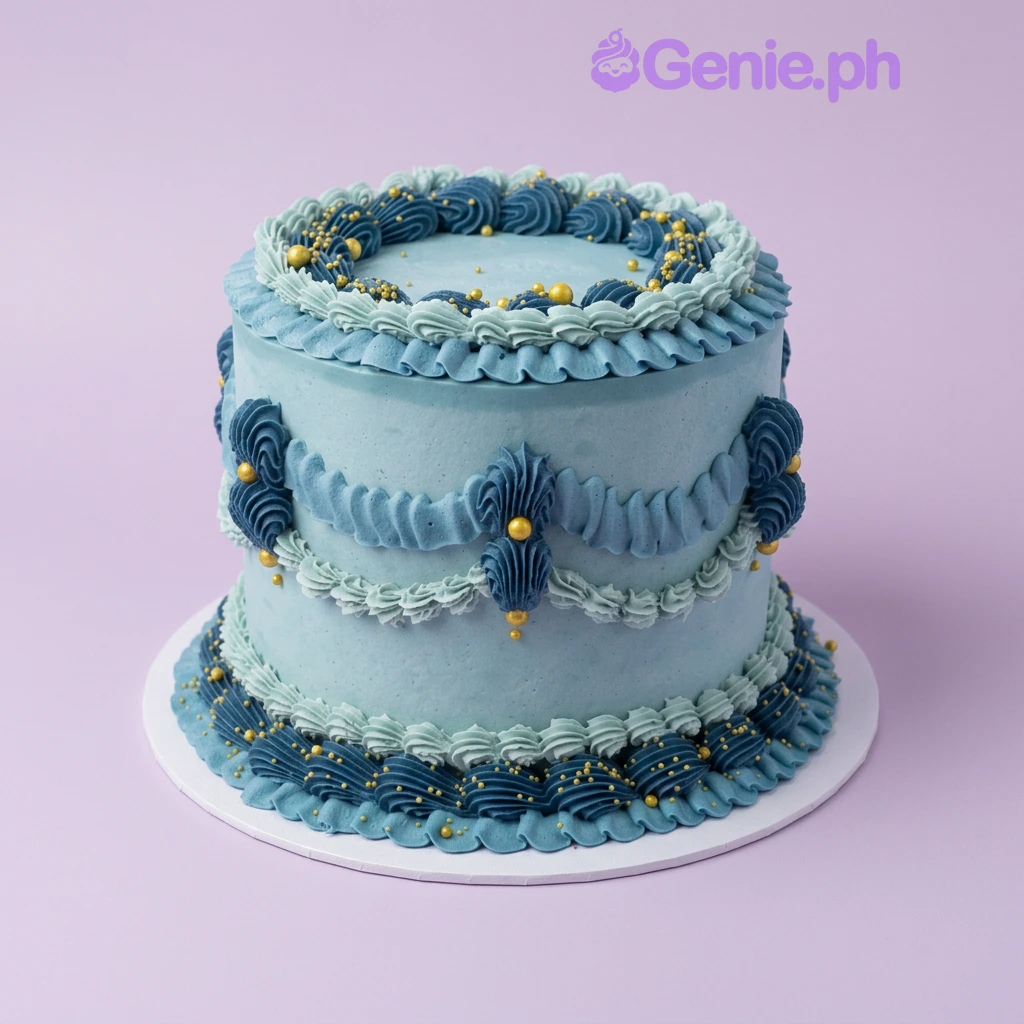 Single tier cake with soft sky blue icing, navy blue swirls, light blue ruffles, and gold dragees