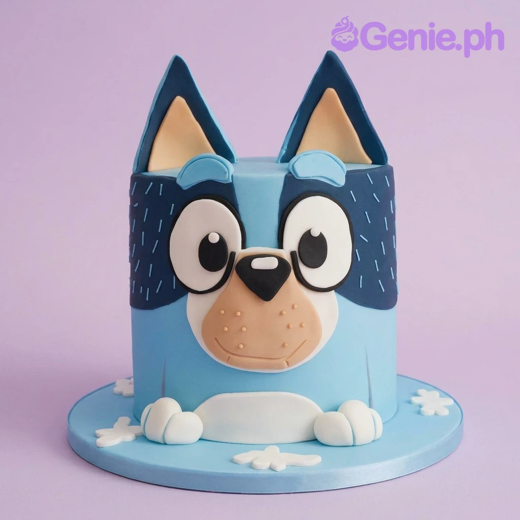 Bluey 1 Tier Fondant - blue, white theme with Bluey ears and white dashes Bluey 1 Tier Fondant - blue, white theme with Bluey ears and white dashes