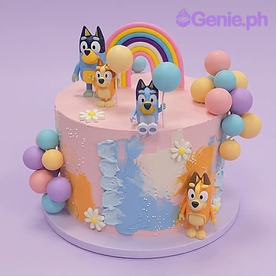 Bluey-Inspired Birthday Cake Pink single tier Bluey birthday cake with 3D character figures, rainbow topper, and pastel balloon clusters