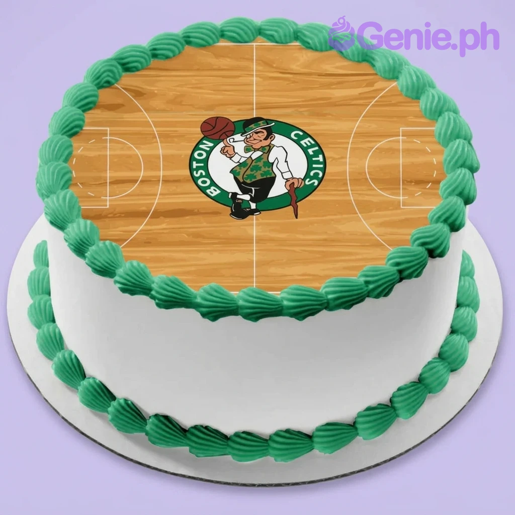 Boston Celtics White Cake A white and green 1 Tier cake themed around Boston Celtics basketball, featuring a central court printout and green shell borders.