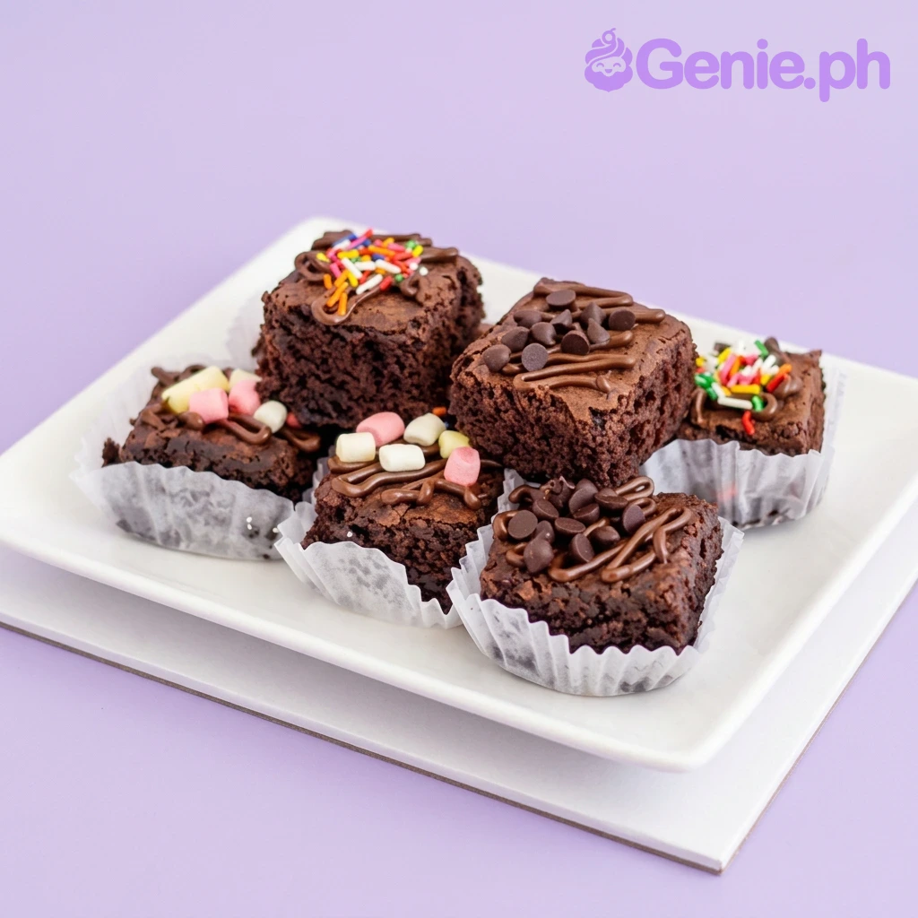 Brownies Rectangle Cake Chocolate fudge brownies topped with chocolate drizzle, marshmallows, chocolate chips, and colorful sprinkles in a holiday-themed setting.