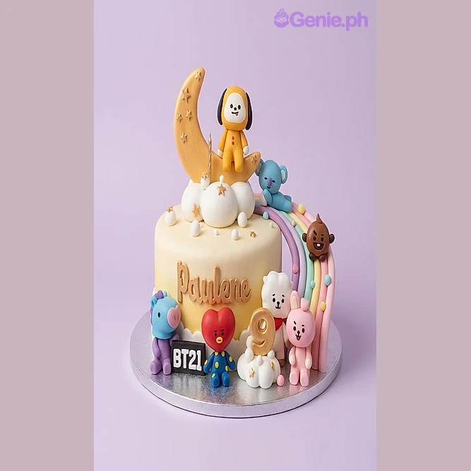 BT21 Birthday Ivory Cake Yellow 1-tier cake with BT21 characters Chimmy Koya Tata RJ Cooky Shooky, a yellow moon, white clouds, a rainbow, and a number 9 candle