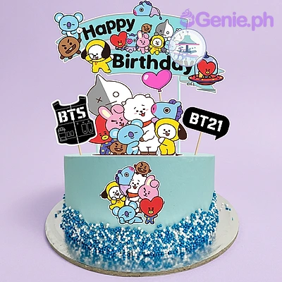 BT21 Birthday Sky Blue Cake Light blue birthday cake with BT21 character printout toppers and blue and white sprinkles at the base