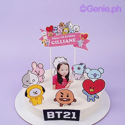 BT21 Birthday White Cake White 1-tier birthday cake with BT21 character cutouts, a photo of a girl, and a Happy 8th Birthday banner