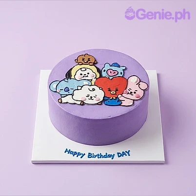 BT21 Lavender Birthday Cake Lavender round cake with BT21 character printout on top and two small figurines on the base board
