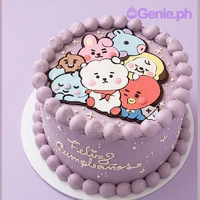 BT21 Lavender Birthday Cake Lavender 1-tier birthday cake with BT21 character printouts and piped icing border