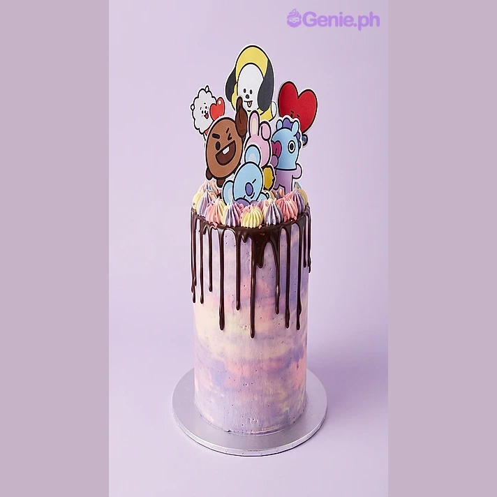 BTS Kpop-Inspired Lavender Drip Birthday Cake Lavender gradient 1-tier cake with BT21 character printouts and chocolate drip