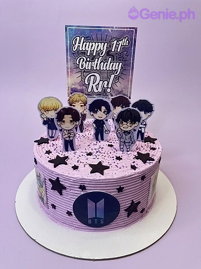 BTS Kpop-Inspired Lavender Birthday Cake A light purple 1-tier cake themed around BTS K-pop, featuring chibi characters, a birthday banner, and black stars.